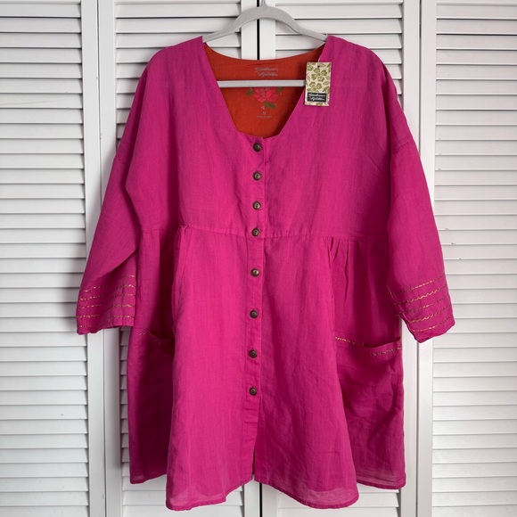 Gudrun Sjoden Tops - Gudrun Sjoden Linen Blend Pink Oversized Tunic Dress Gold Embroidery Medium NWT